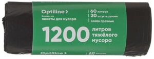 Пакеты для мусора ПСД 60х80 см, 60л, Optiline, черные, шоу-бокс
